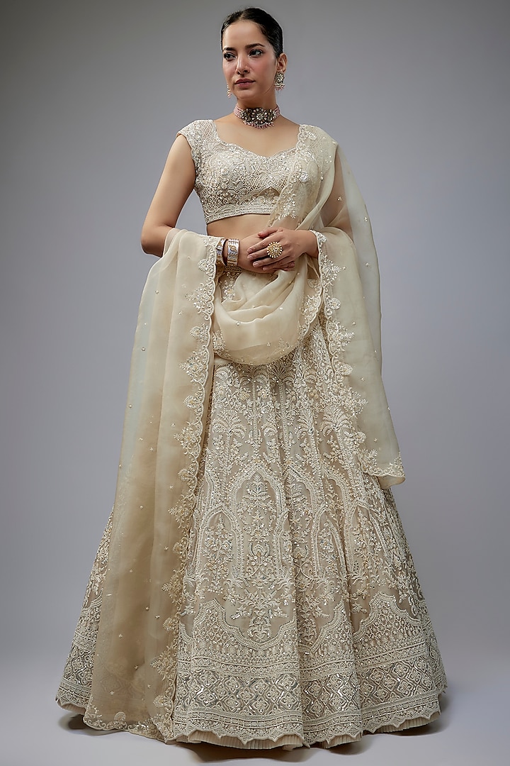 Ivory Organza Hand Embroidered Bridal Lehenga Set by Anushree Reddy at Pernia's Pop Up Shop