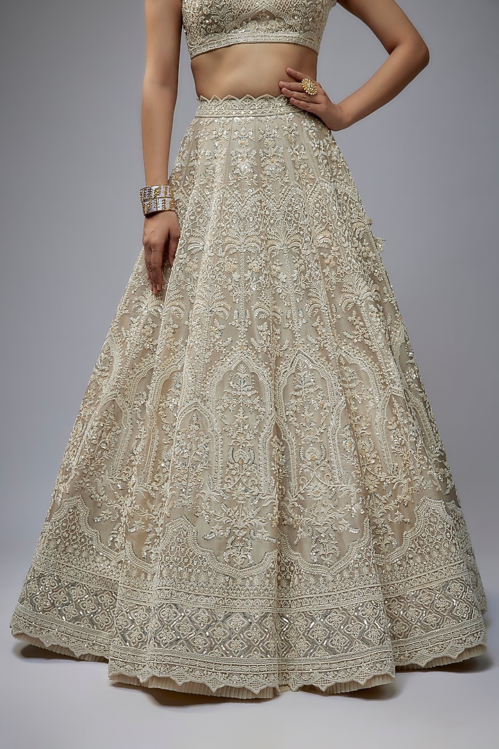 Ivory Organza Hand Embroidered Bridal Lehenga Set by Anushree Reddy at Pernia's Pop Up Shop