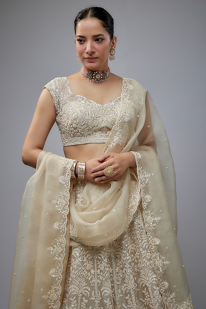 Ivory Organza Hand Embroidered Bridal Lehenga Set by Anushree Reddy at Pernia's Pop Up Shop