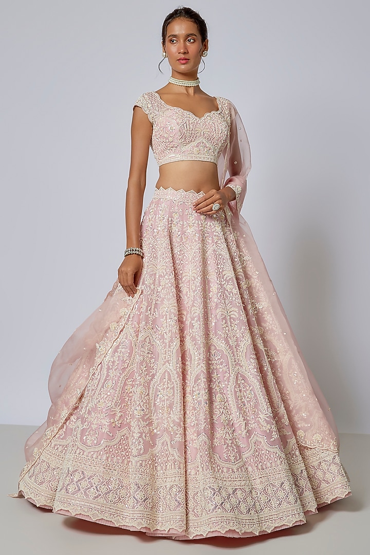 Light Pink Organza Hand Embroidered Bridal Lehenga Set by Anushree Reddy at Pernia's Pop Up Shop