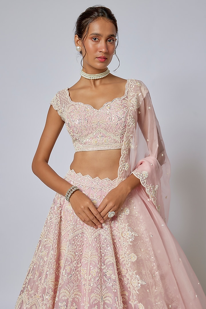 Light Pink Organza Hand Embroidered Bridal Lehenga Set by Anushree Reddy at Pernia's Pop Up Shop