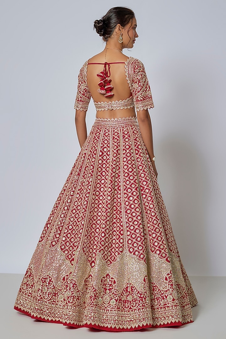 Red Organza Hand Embroidered Bridal Lehenga Set by Anushree Reddy at Pernia's Pop Up Shop