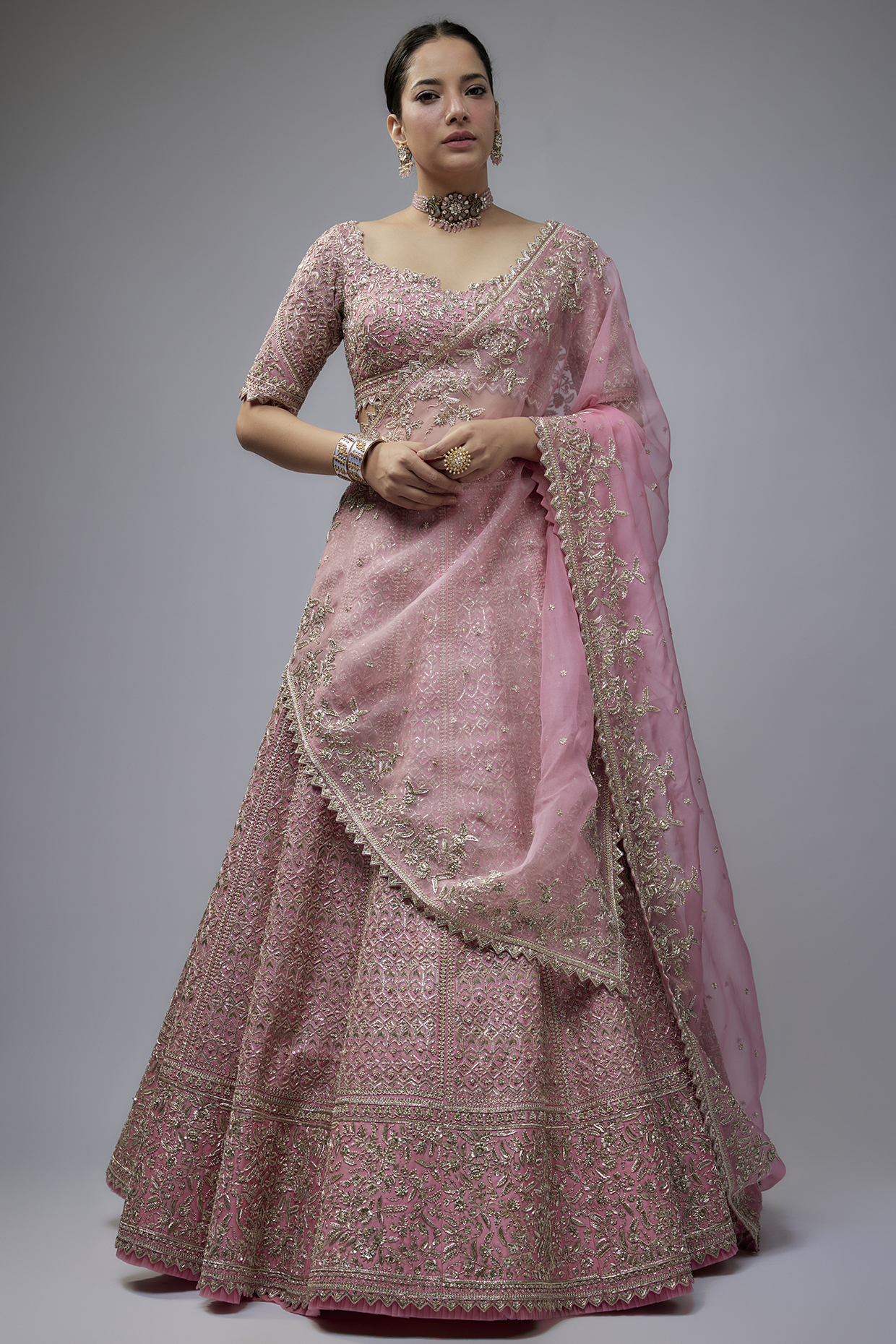 Pink Organza Hand Embroidered Bridal Lehenga Set by Anushree Reddy at Pernia's Pop Up Shop