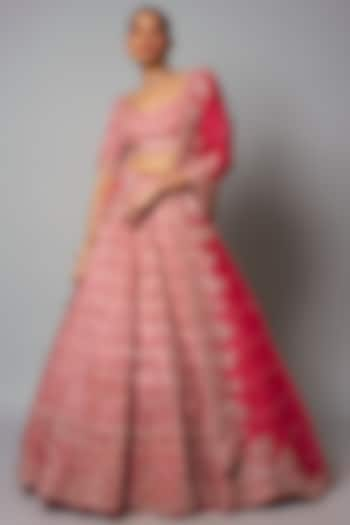 Cherry Red Raw Silk Hand Embroidered Bridal Lehenga Set by Anushree Reddy at Pernia's Pop Up Shop