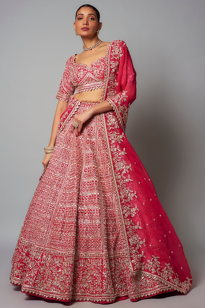 Cherry Red Raw Silk Hand Embroidered Bridal Lehenga Set by Anushree Reddy at Pernia's Pop Up Shop