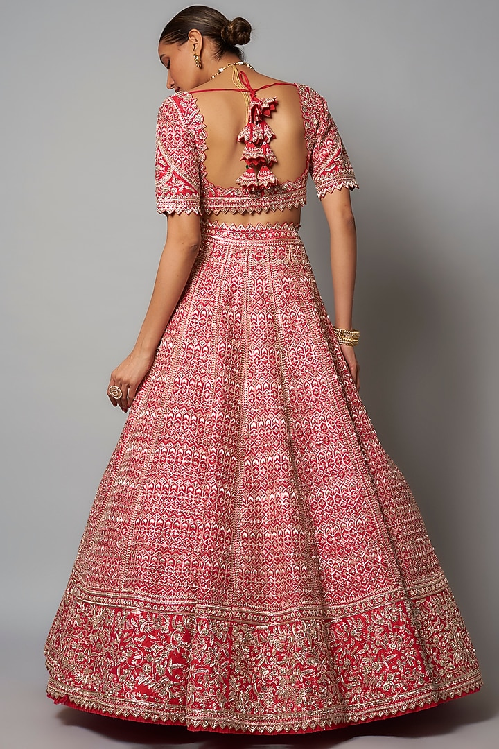 Cherry Red Raw Silk Hand Embroidered Bridal Lehenga Set by Anushree Reddy at Pernia's Pop Up Shop