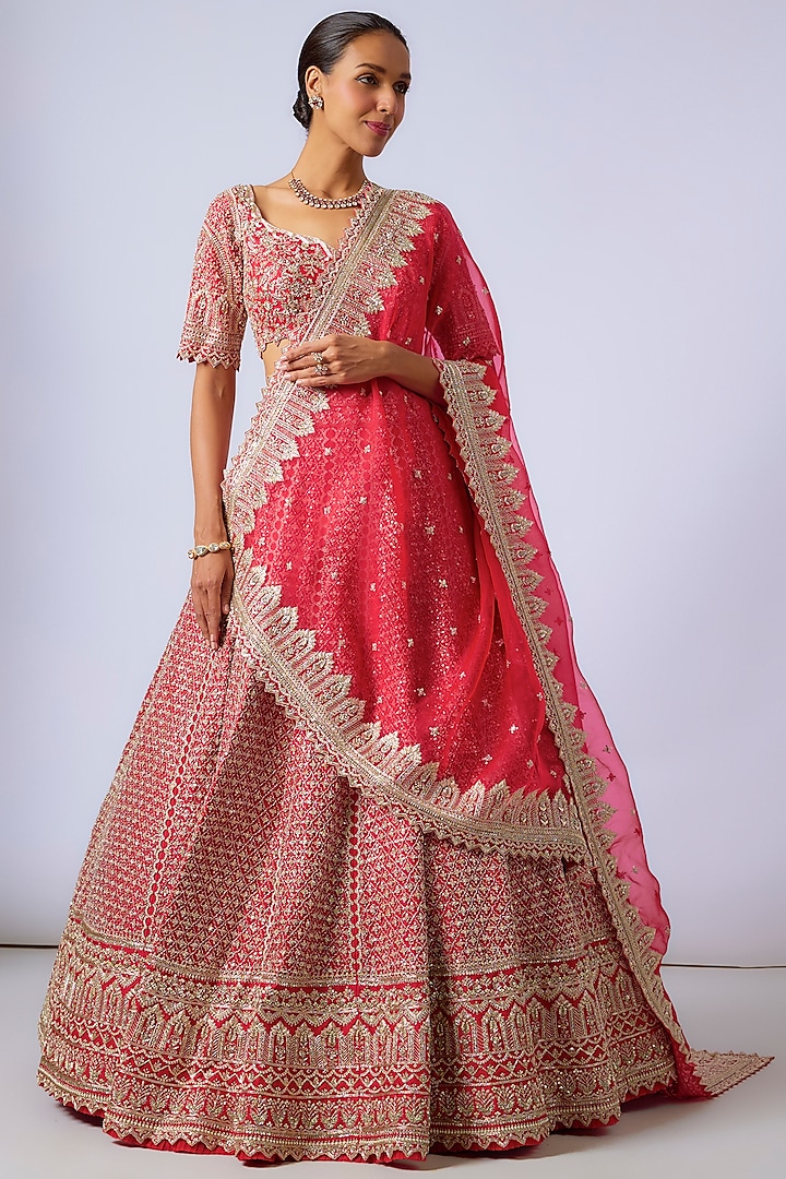 Cherry Red Organza Hand Embroidered Bridal Lehenga Set by Anushree Reddy at Pernia's Pop Up Shop