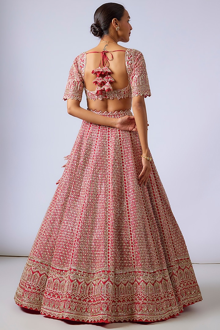 Cherry Red Organza Hand Embroidered Bridal Lehenga Set by Anushree Reddy at Pernia's Pop Up Shop