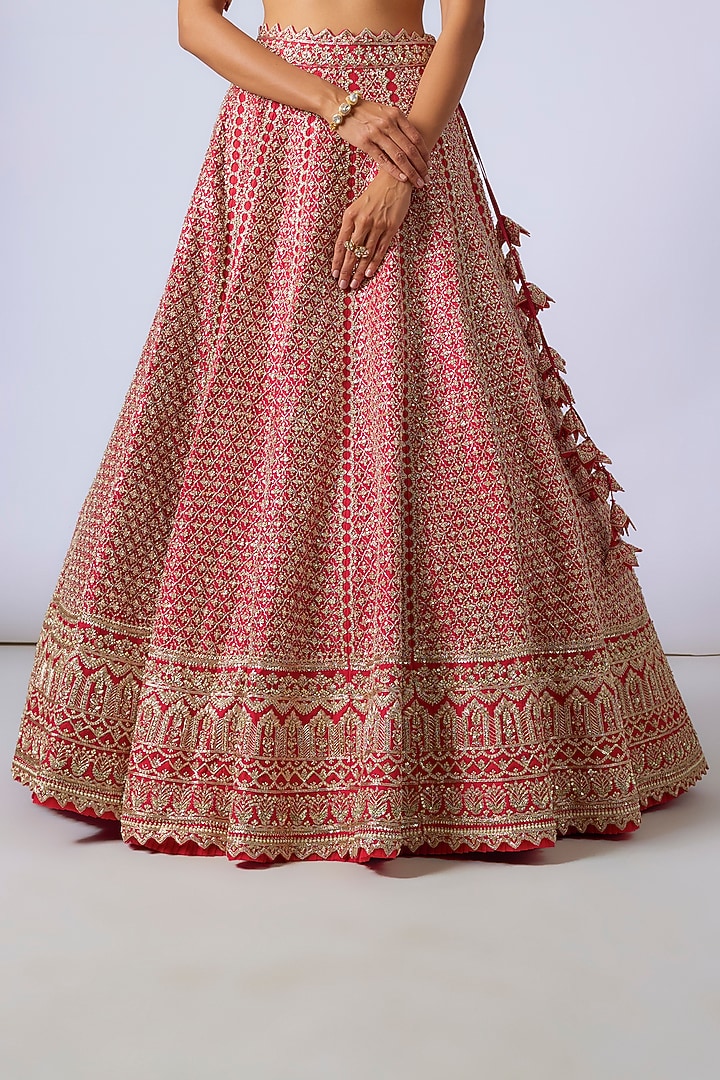 Cherry Red Organza Hand Embroidered Bridal Lehenga Set by Anushree Reddy at Pernia's Pop Up Shop