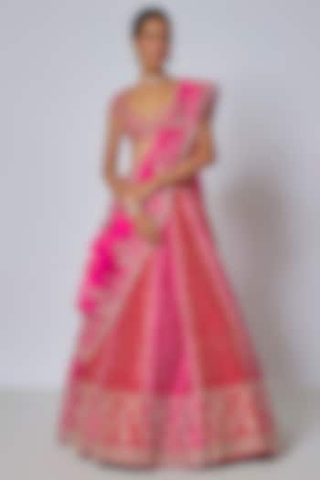 Red & Hot Pink Raw Silk Hand Embroidered Bridal Lehenga Set by Anushree Reddy at Pernia's Pop Up Shop