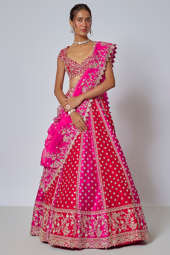 Red & Hot Pink Raw Silk Hand Embroidered Bridal Lehenga Set by Anushree Reddy at Pernia's Pop Up Shop