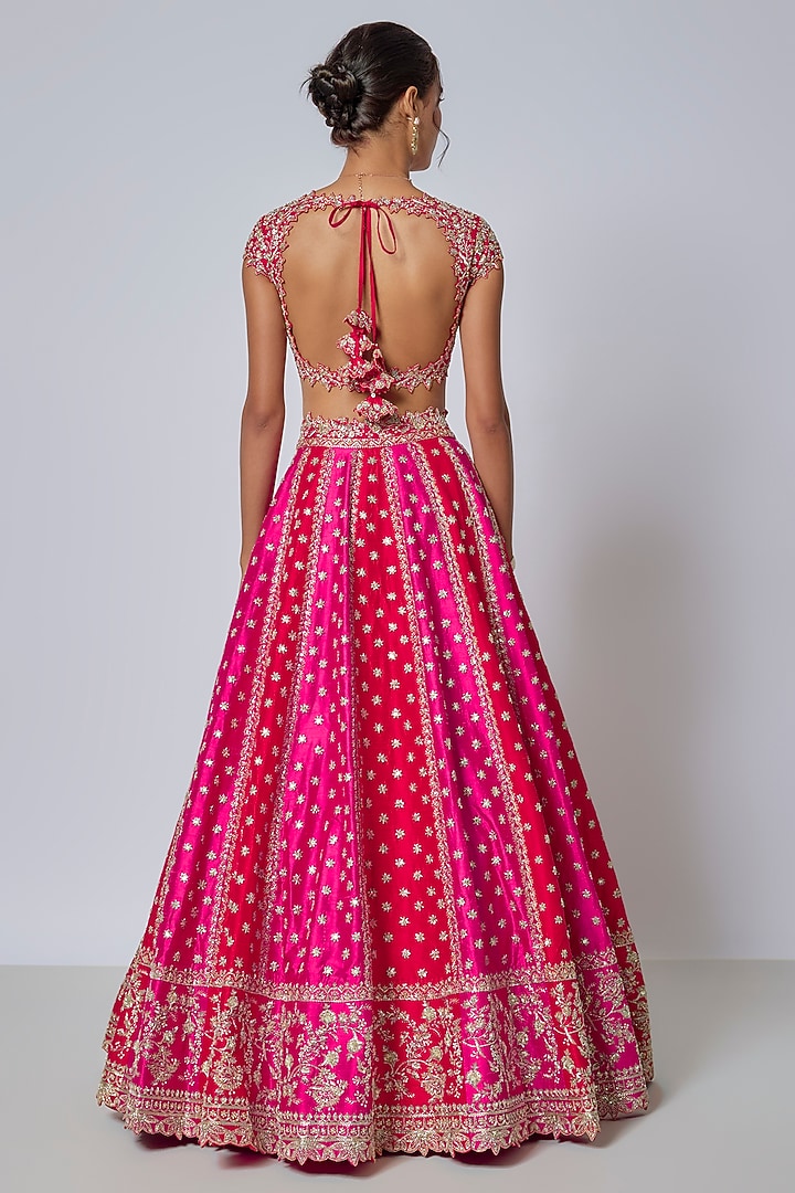 Red & Hot Pink Raw Silk Hand Embroidered Bridal Lehenga Set by Anushree Reddy at Pernia's Pop Up Shop