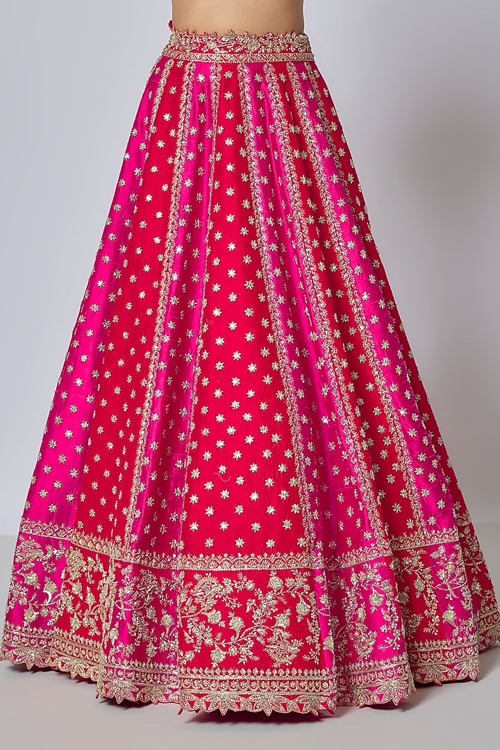 Red & Hot Pink Raw Silk Hand Embroidered Bridal Lehenga Set by Anushree Reddy at Pernia's Pop Up Shop