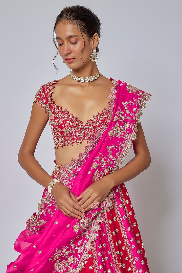 Red & Hot Pink Raw Silk Hand Embroidered Bridal Lehenga Set by Anushree Reddy at Pernia's Pop Up Shop