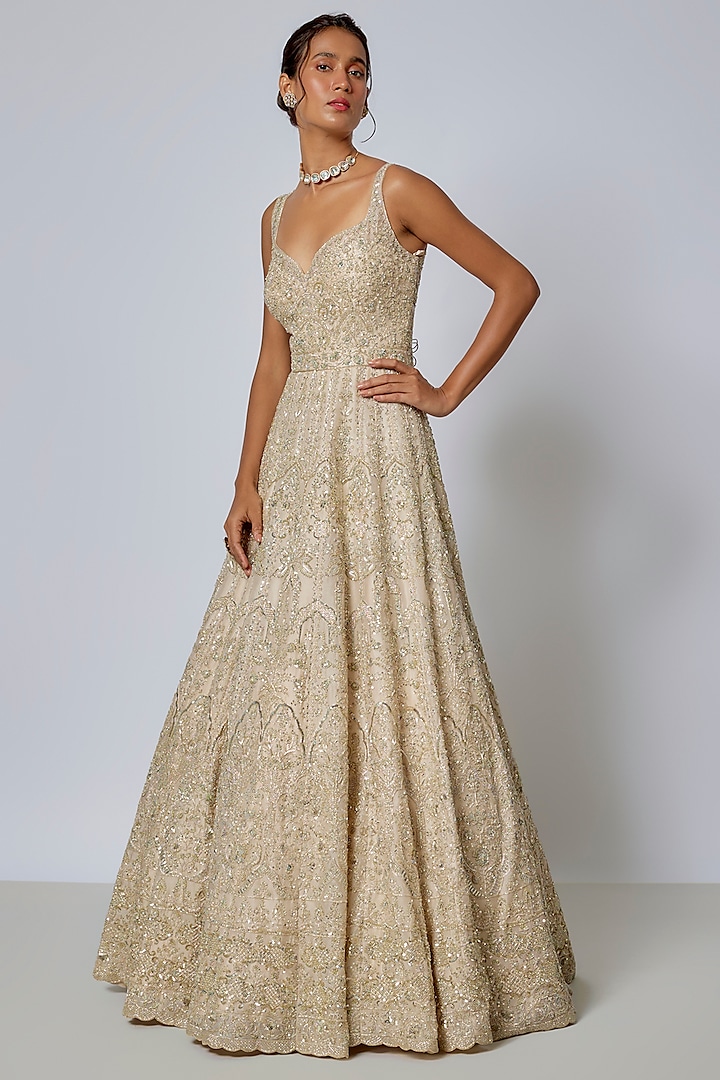 Ivory Organza Hand Embroidered Gown by Anushree Reddy at Pernia's Pop Up Shop