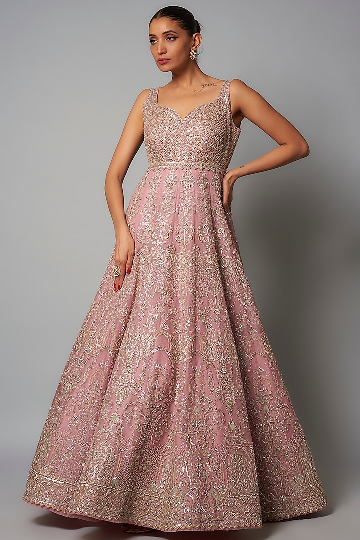 Blush Pink Organza Hand Embroidered Gown by Anushree Reddy at Pernia's Pop Up Shop