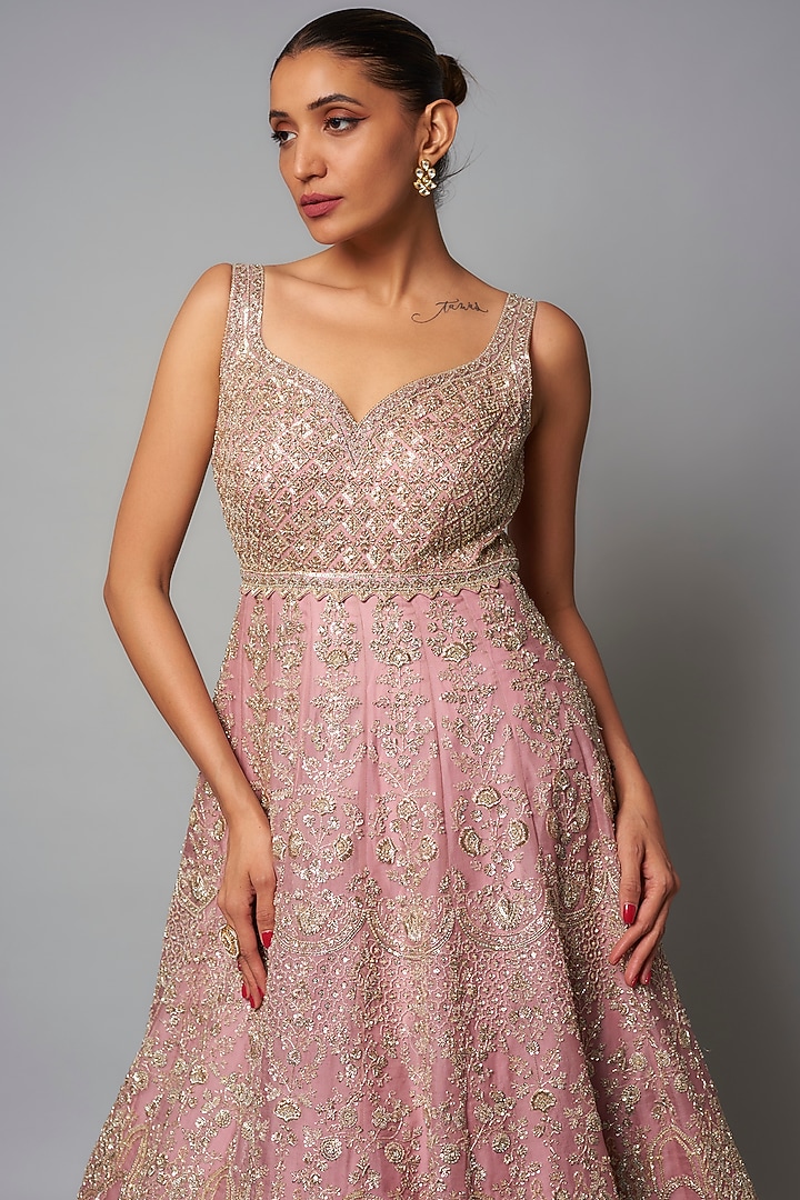Blush Pink Organza Hand Embroidered Bridal Gown by Anushree Reddy at Pernia's Pop Up Shop