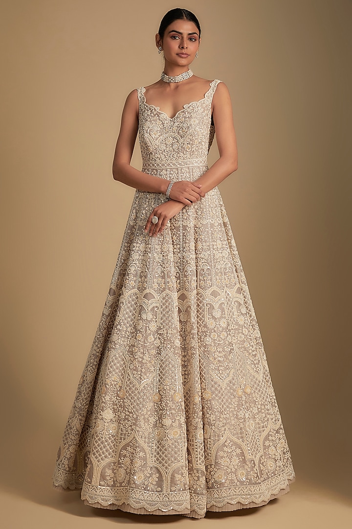 Light Grey Organza Hand Embroidered Gown by Anushree Reddy at Pernia's Pop Up Shop