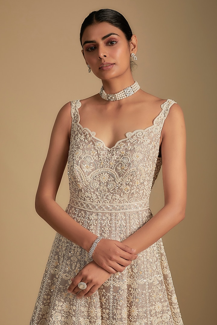 Light Grey Organza Hand Embroidered Bridal Gown by Anushree Reddy at Pernia's Pop Up Shop
