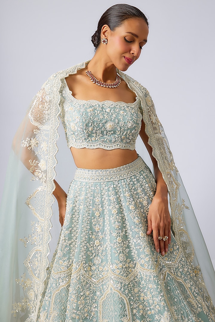 Blue Organza Hand Embroidered Bridal Lehenga Set by Anushree Reddy at Pernia's Pop Up Shop