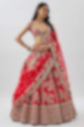 Red Raw Silk Hand Embroidered Lehenga Set by Anushree Reddy