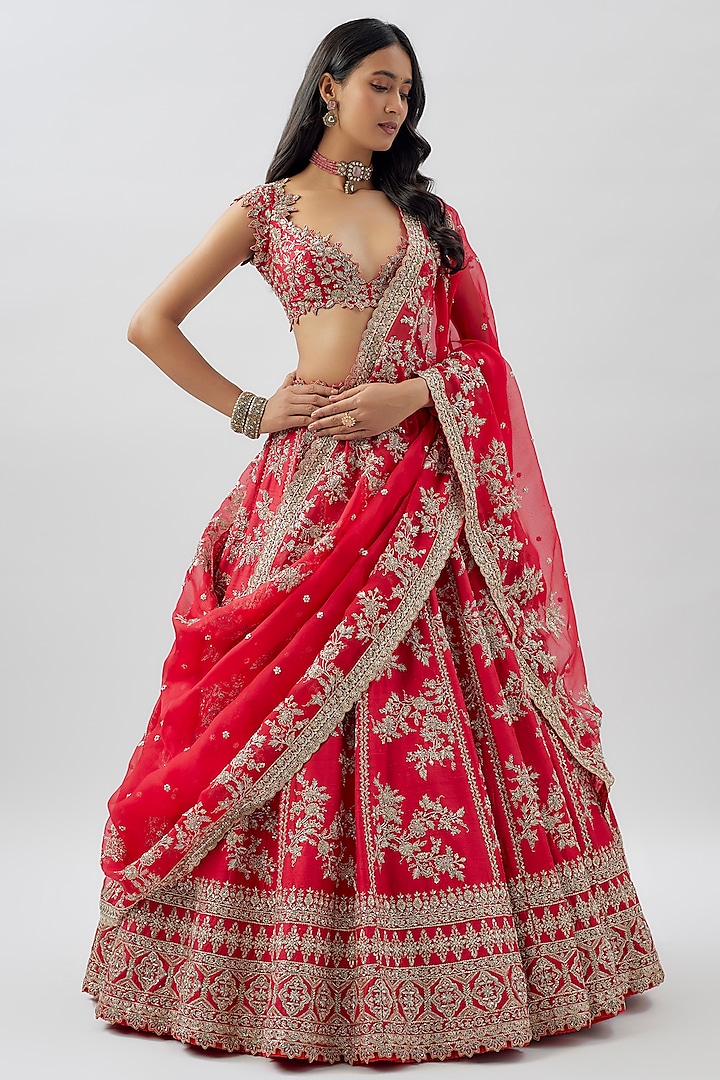 Red Raw Silk Hand Embroidered Lehenga Set by Anushree Reddy