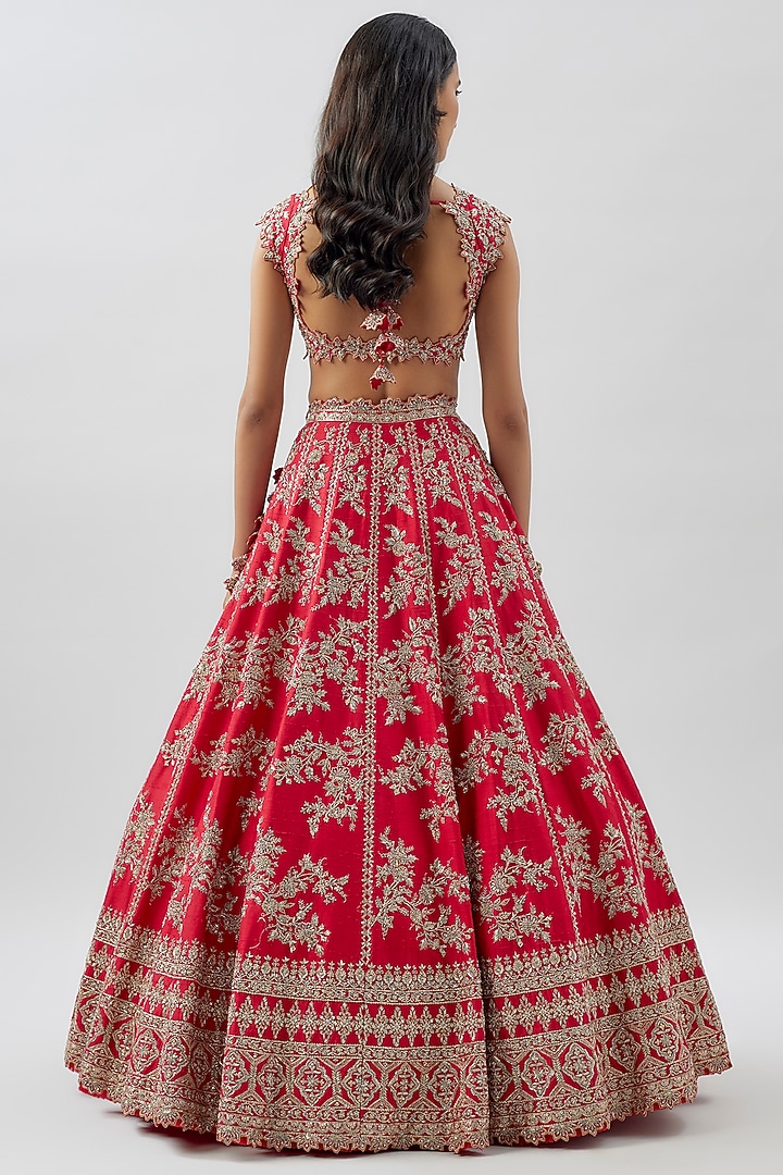 Red Raw Silk Hand Embroidered Bridal Lehenga Set by Anushree Reddy at Pernia's Pop Up Shop
