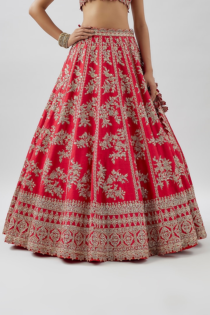 Red Raw Silk Hand Embroidered Bridal Lehenga Set by Anushree Reddy at Pernia's Pop Up Shop