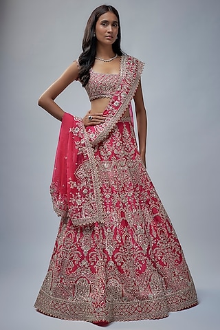 Cherry Red Organza Hand Embroidered Lehenga Set by Anushree Reddy