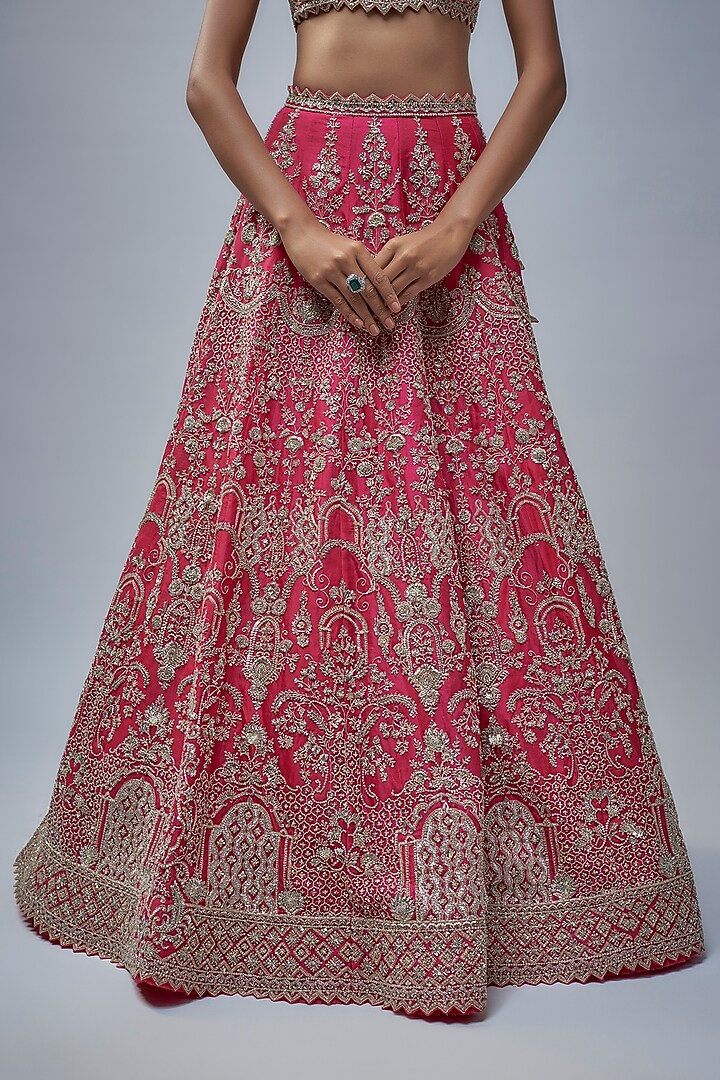 Cherry Red Organza Hand Embroidered Bridal Lehenga Set by Anushree Reddy at Pernia's Pop Up Shop