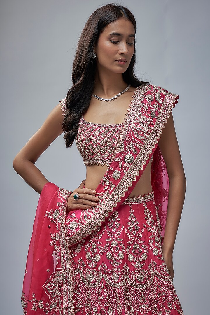Cherry Red Organza Hand Embroidered Bridal Lehenga Set by Anushree Reddy at Pernia's Pop Up Shop
