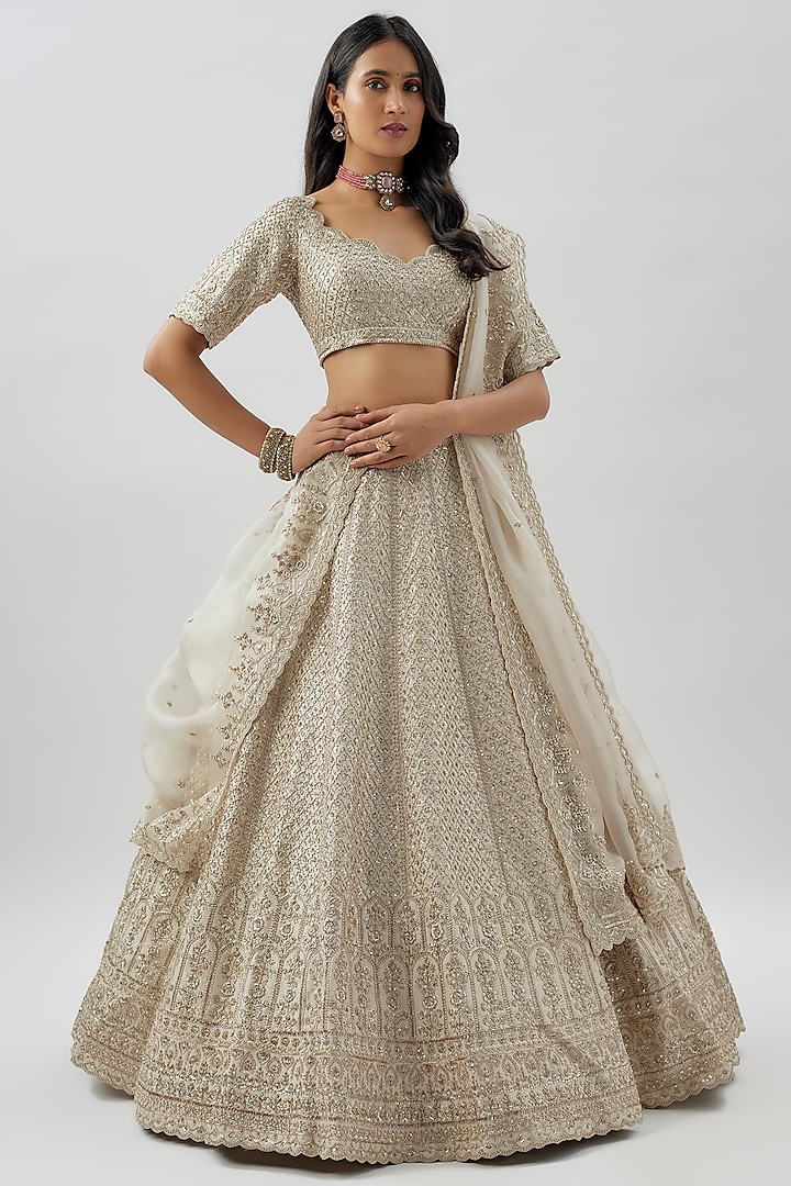 Ivory Raw Silk Hand Embroidered Lehenga Set by Anushree Reddy