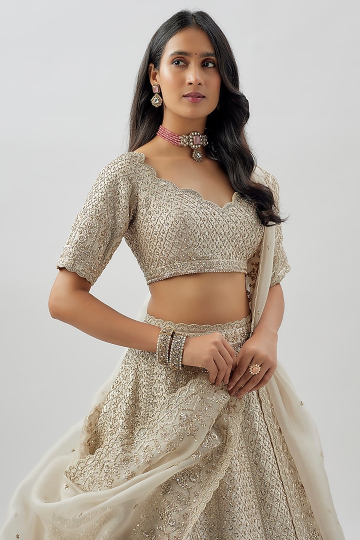 Ivory Raw Silk Hand Embroidered Bridal Lehenga Set by Anushree Reddy at Pernia's Pop Up Shop