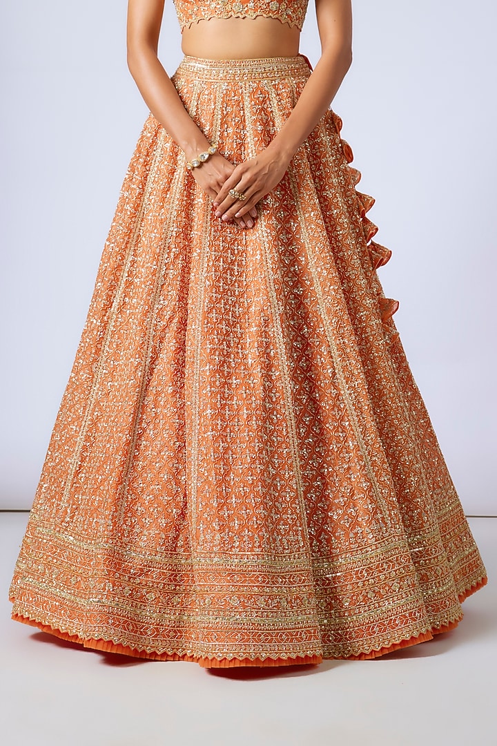 Orange Organza Hand Embroidered Bridal Lehenga Set by Anushree Reddy at Pernia's Pop Up Shop