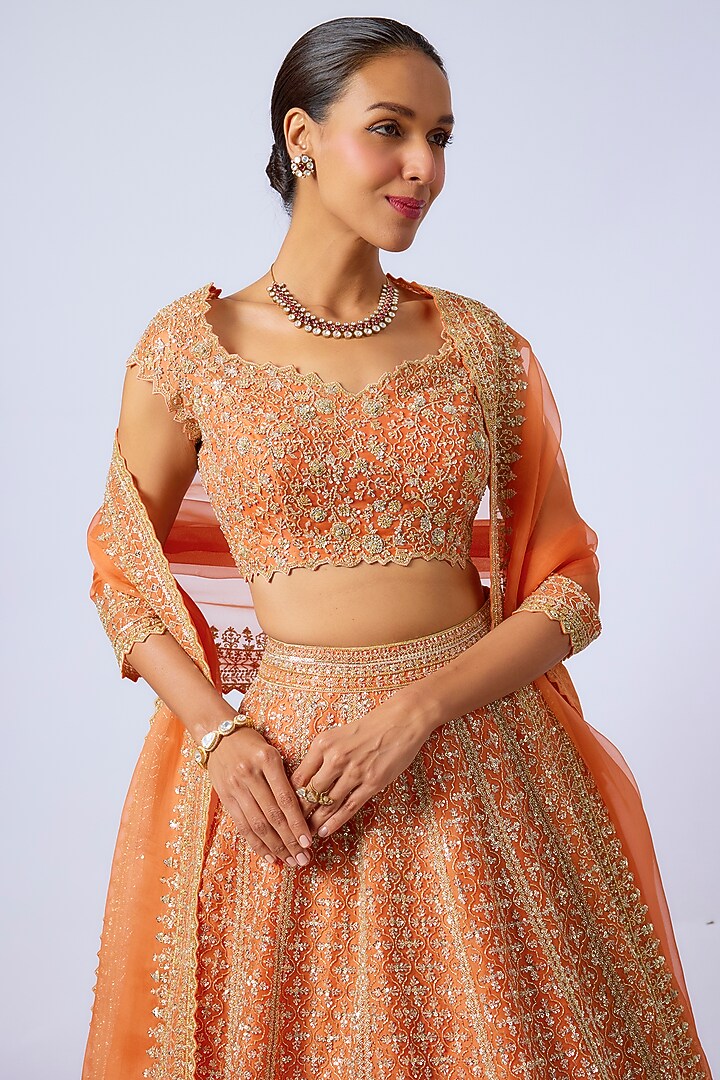 Orange Organza Hand Embroidered Bridal Lehenga Set by Anushree Reddy at Pernia's Pop Up Shop