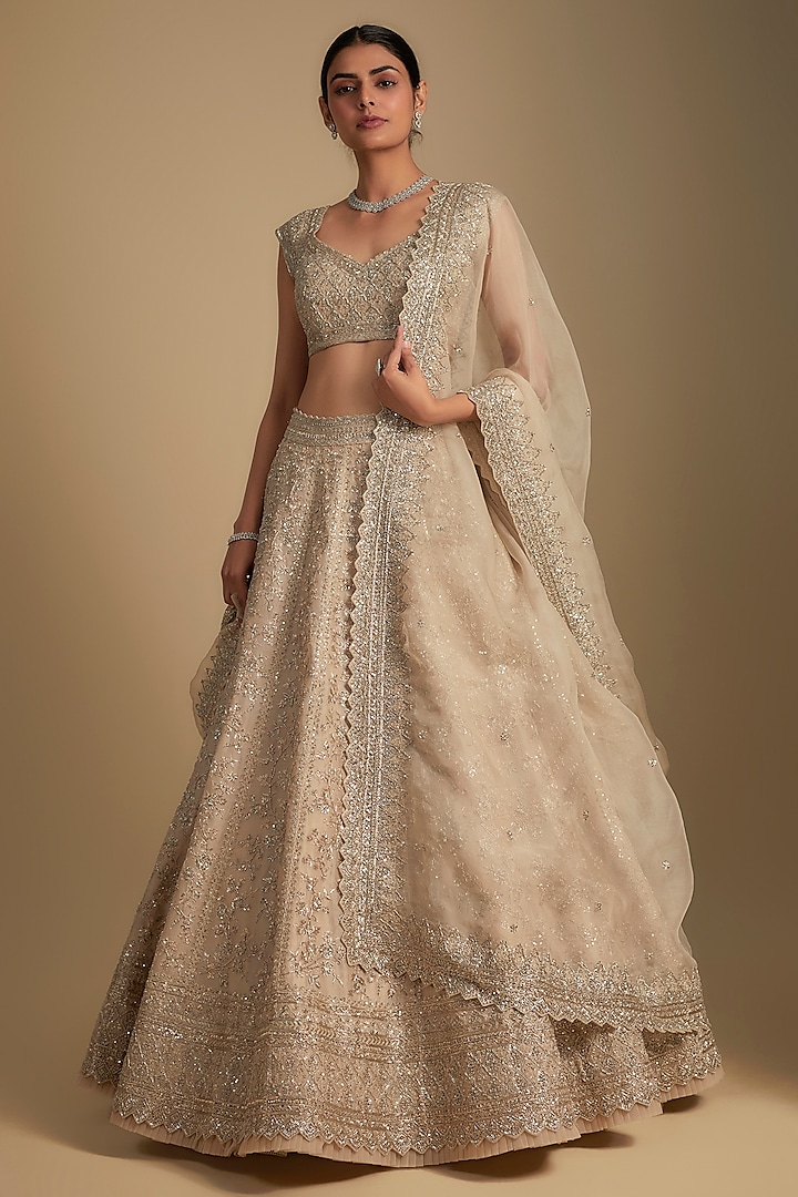 Ivory Organza Hand Embroidered Bridal Lehenga Set by Anushree Reddy at Pernia's Pop Up Shop