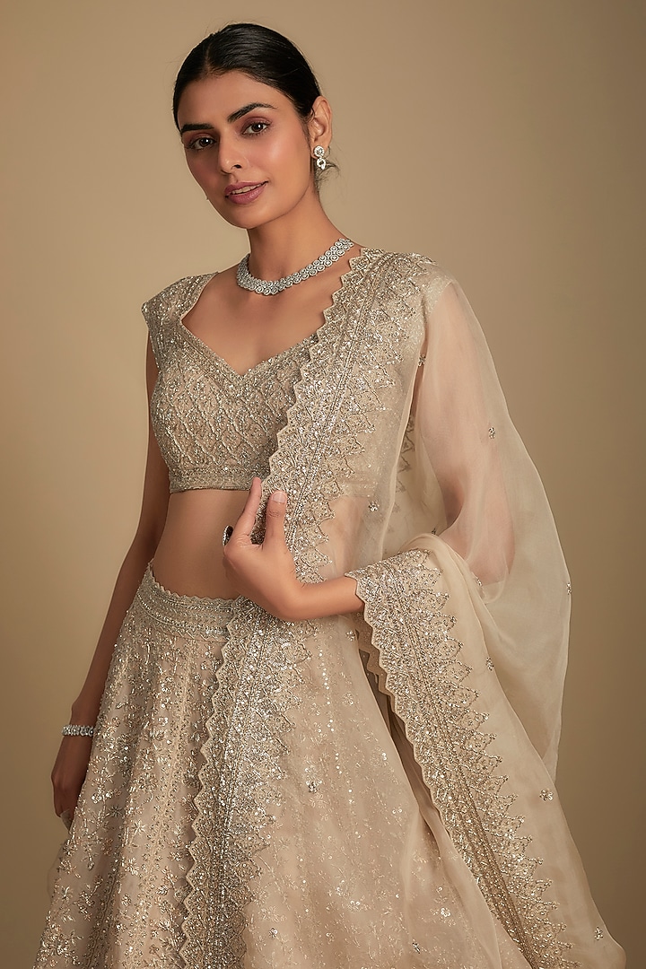 Ivory Organza Hand Embroidered Bridal Lehenga Set by Anushree Reddy at Pernia's Pop Up Shop