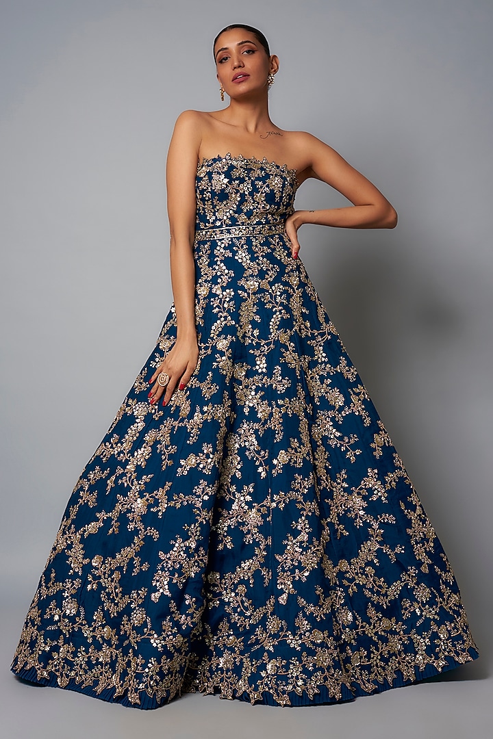 Navy Blue Organza Hand Embroidered Gown by Anushree Reddy at Pernia's Pop Up Shop