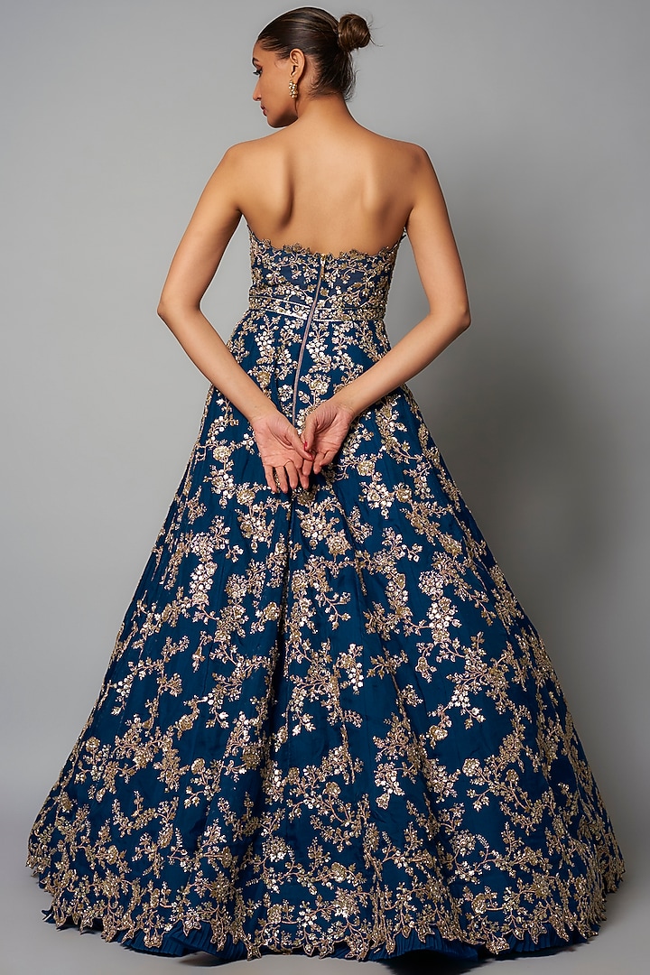 Navy Blue Organza Hand Embroidered Bridal Gown by Anushree Reddy at Pernia's Pop Up Shop
