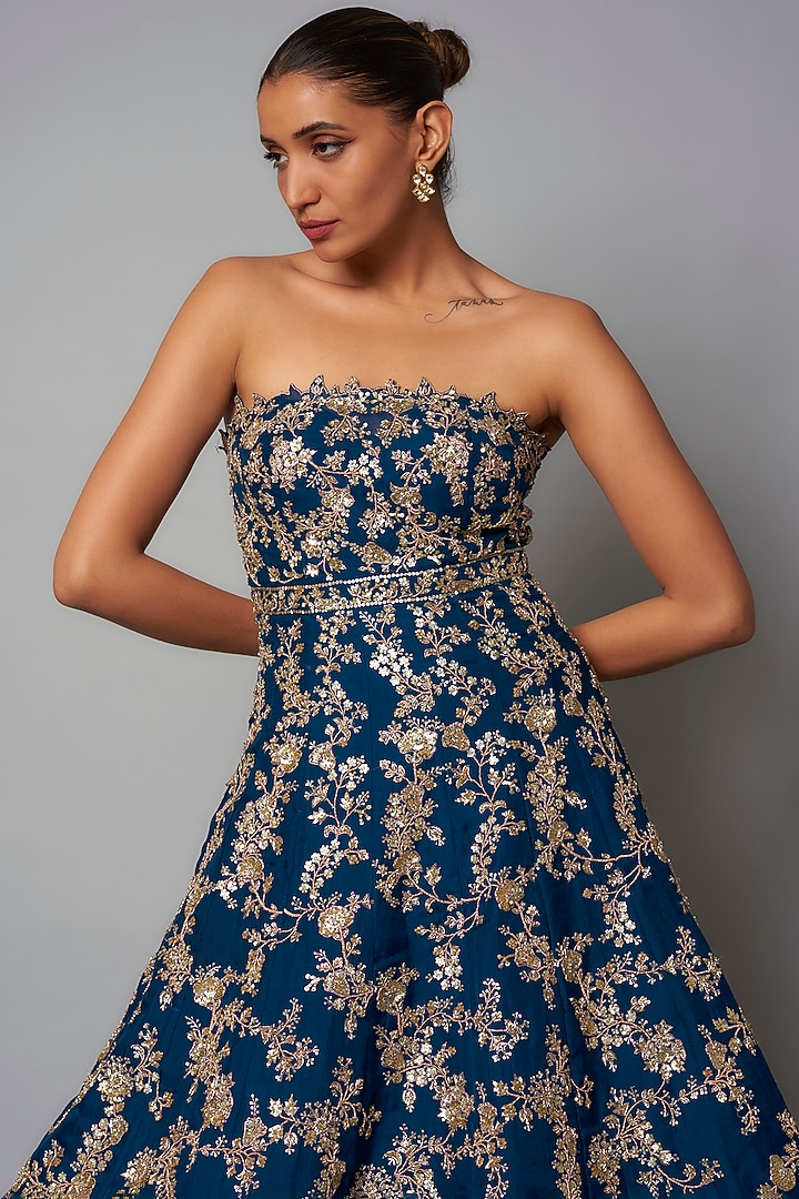 Navy Blue Organza Hand Embroidered Bridal Gown by Anushree Reddy at Pernia's Pop Up Shop