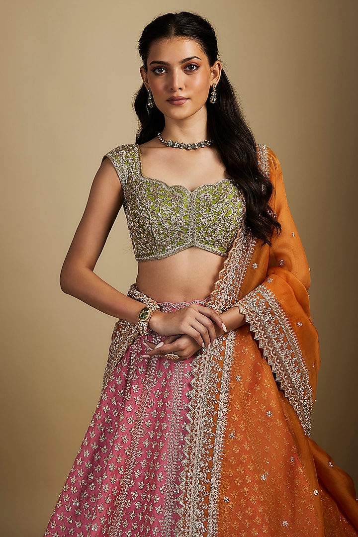 Pink Organza Hand Embroidered Bridal Lehenga Set by Anushree Reddy at Pernia's Pop Up Shop