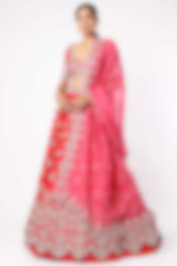 Red Raw Silk Lehenga Set by Anushree Reddy