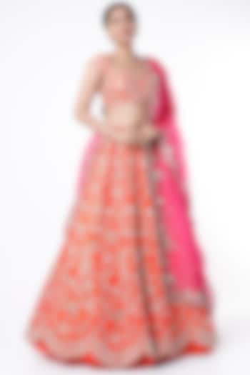 Orange Raw Silk Embroidered Bridal Lehenga Set by Anushree Reddy at Pernia's Pop Up Shop