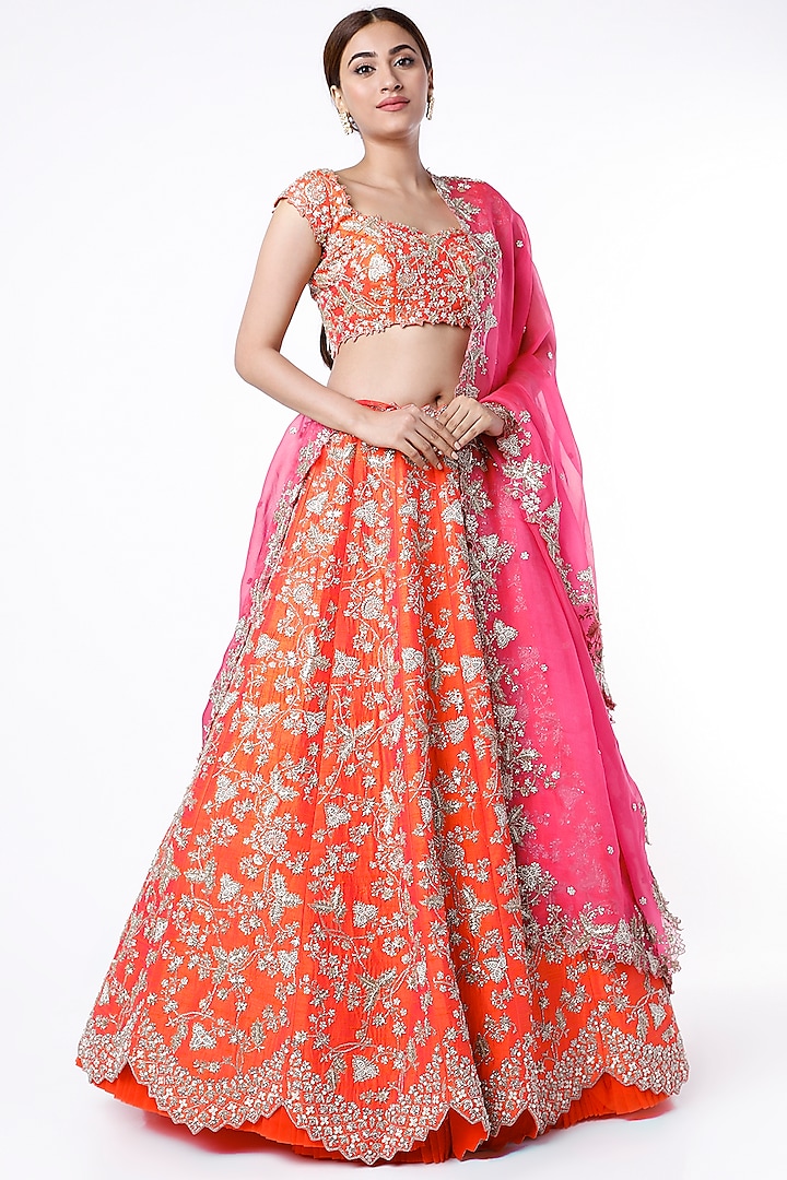 Orange Raw Silk Embroidered Bridal Lehenga Set by Anushree Reddy at Pernia's Pop Up Shop