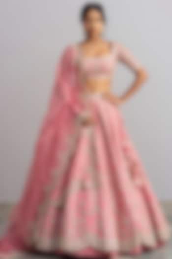 Flamingo Pink Scalloped Bridal Lehenga Set With Cutdana Work by Anushree Reddy at Pernia's Pop Up Shop