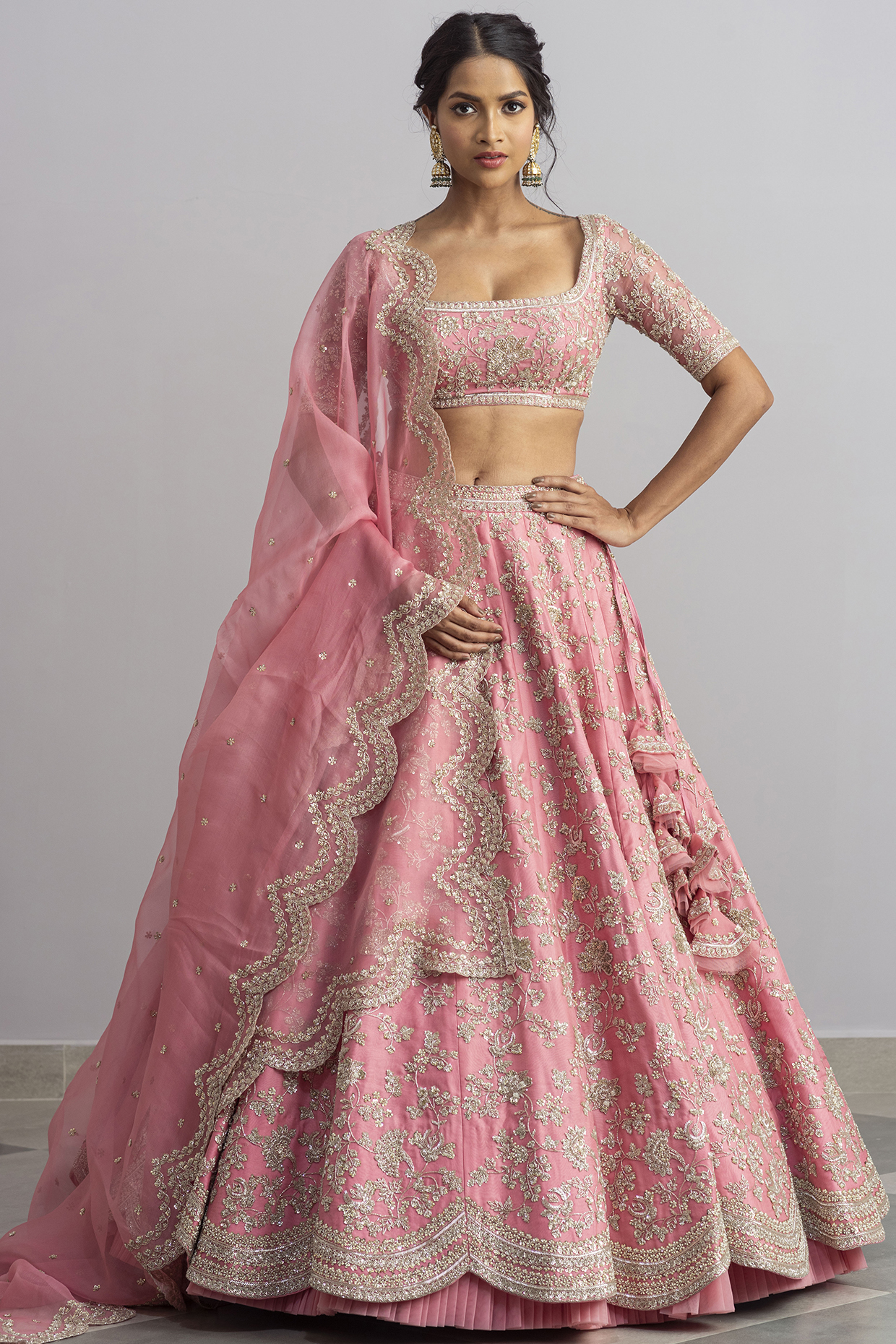 Flamingo Pink Scalloped Bridal Lehenga Set With Cutdana Work by Anushree Reddy at Pernia's Pop Up Shop