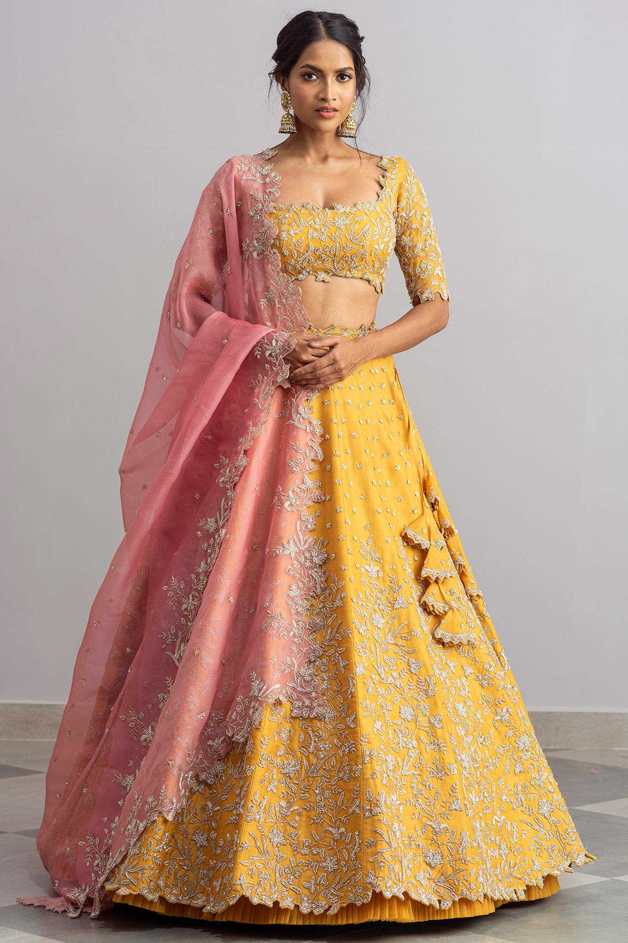 Pink Embroidered Lehenga Choli with Mustard Banarasi Dupatta | Cotton dress  summer, Silk lehenga, Lehenga
