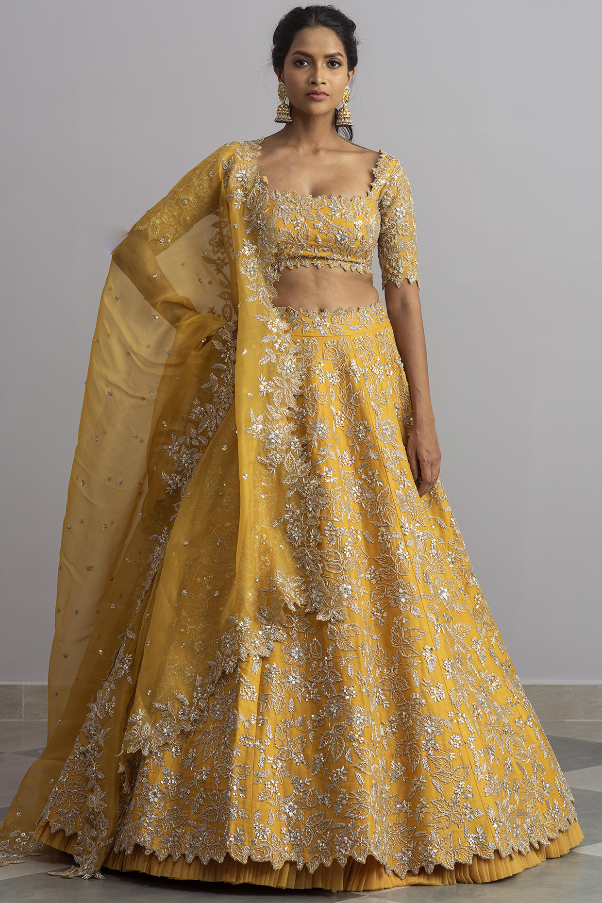 Mustard Lehenga Set With Cutwork by Anushree Reddy