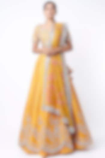 Sunset Yellow Embroidered Lehenga Set by Anushree Reddy