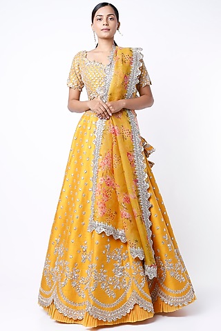 Sunset Yellow Embroidered Lehenga Set by Anushree Reddy